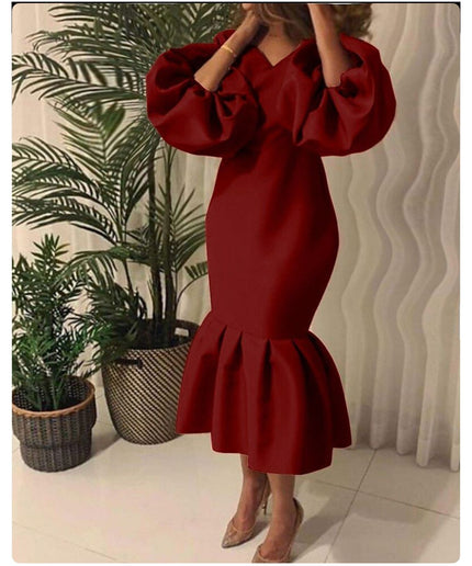 V-Neck Puff Long-sleeve Bodycon Dress