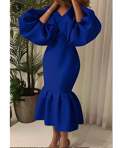 V-Neck Puff Long-sleeve Bodycon Dress