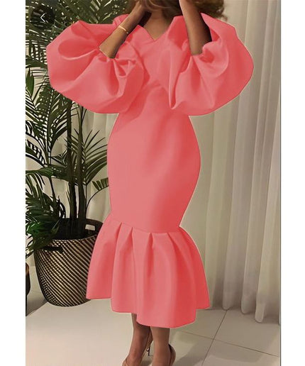 V-Neck Puff Long-sleeve Bodycon Dress