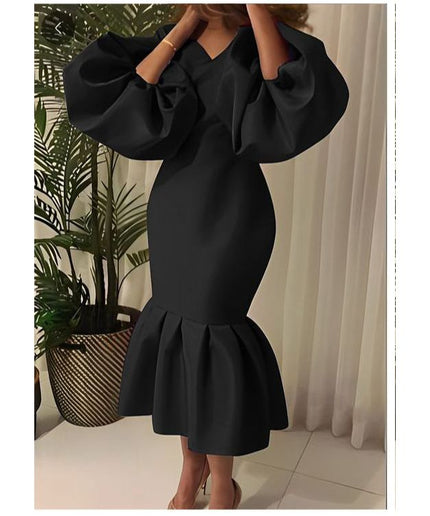 V-Neck Puff Long-sleeve Bodycon Dress