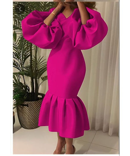 V-Neck Puff Long-sleeve Bodycon Dress