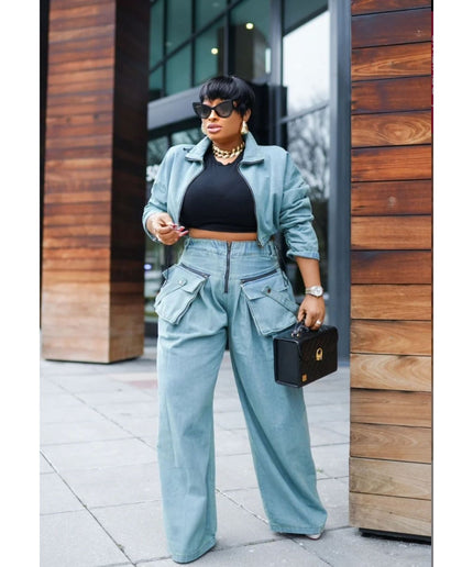 Denim Crop Blouse and Cargo Pant Set