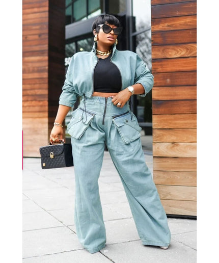 Denim Crop Blouse and Cargo Pant Set