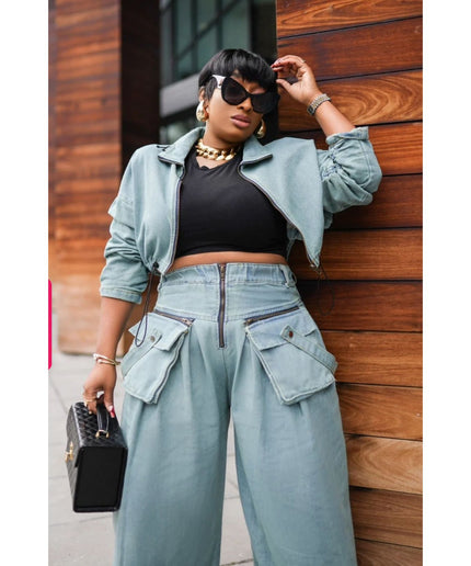 Denim Crop Blouse and Cargo Pant Set