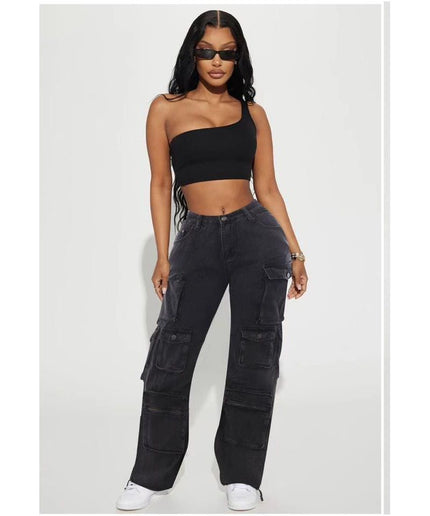 High Waist Slant Pocket Cargo Jeans.