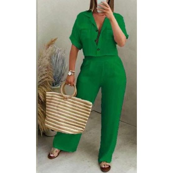 Polo Collar Short Top High Waist Wide Leg Trouser Set.