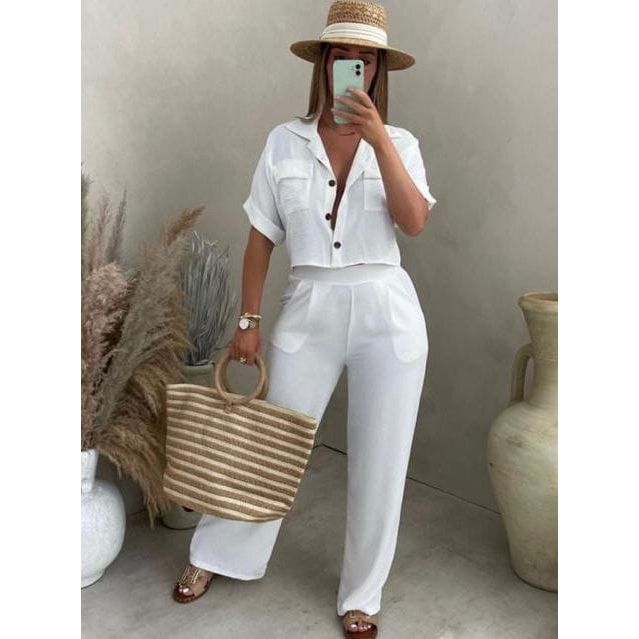 Polo Collar Short Top High Waist Wide Leg Trouser Set.