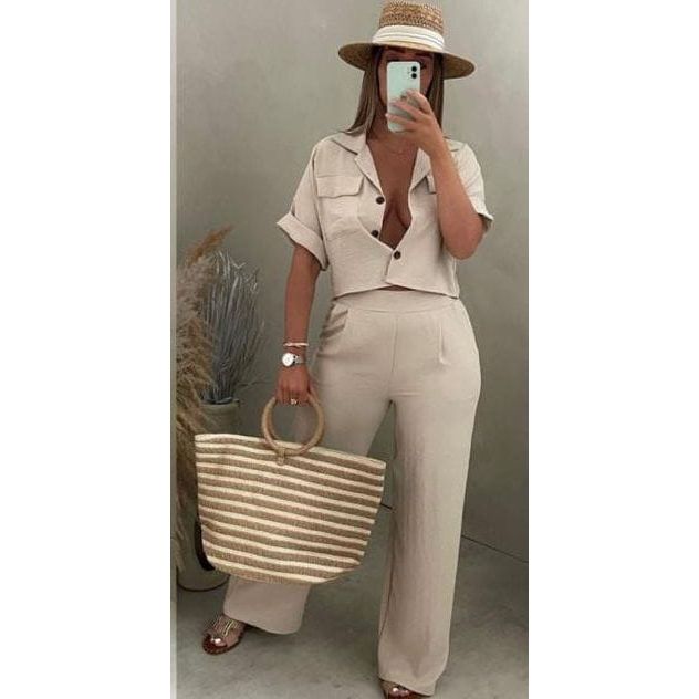 Polo Collar Short Top High Waist Wide Leg Trouser Set.