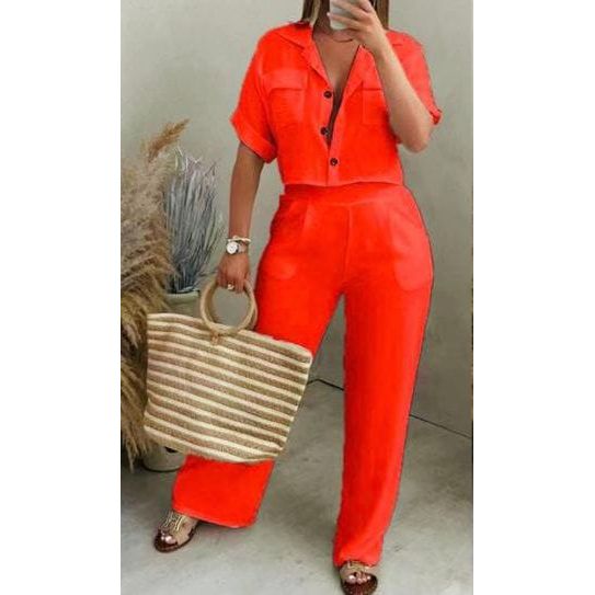 Polo Collar Short Top High Waist Wide Leg Trouser Set.