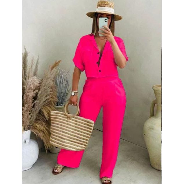 Polo Collar Short Top High Waist Wide Leg Trouser Set.