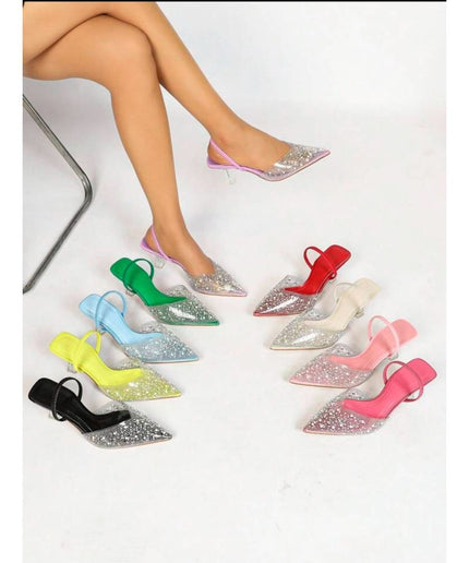 Solid Transparent Color Glitter Sandals Ankle Strap High Heels.