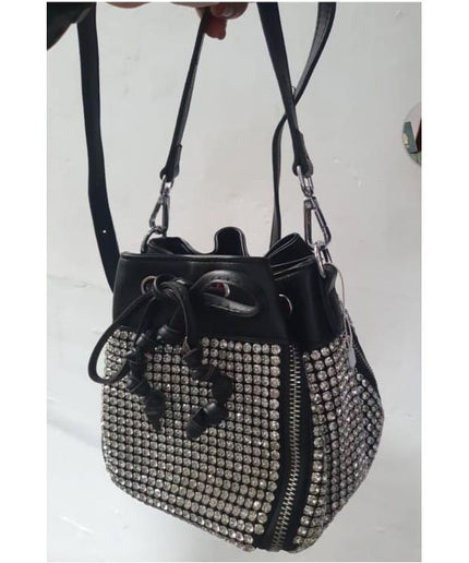 Bucket Luxury Crystal Top Handle Faux Leather Crossbody Shoulder Bag.