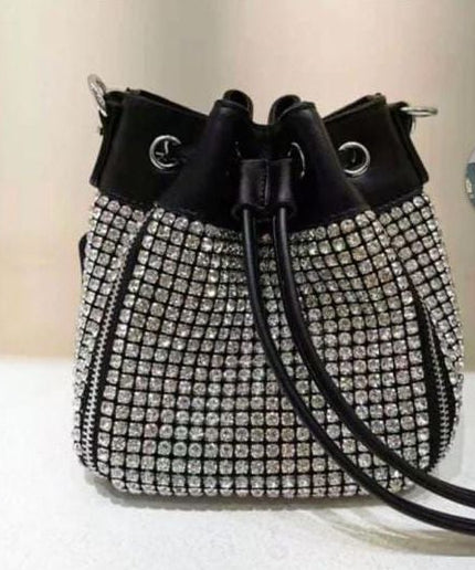 Bucket Luxury Crystal Top Handle Faux Leather Crossbody Shoulder Bag.