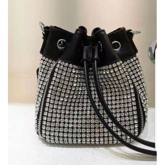 Bucket Luxury Crystal Top Handle Faux Leather Crossbody Shoulder Bag.