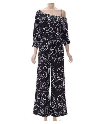 Asymmetrical Neck Drop Shoulder Wide Leg Jumpsuit.