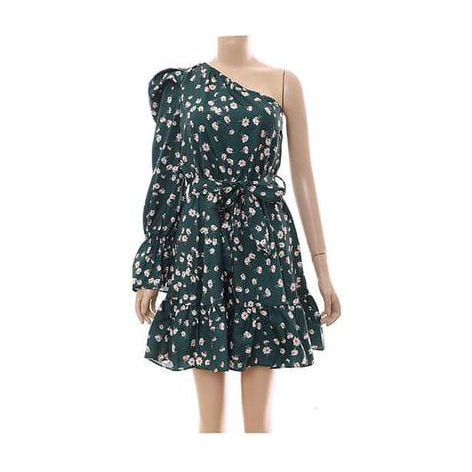 Floral Print One Shoulder Belted Dress.