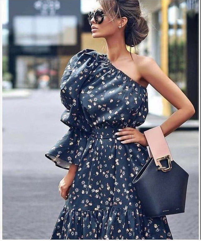 Floral Print One Shoulder Belted Dress.