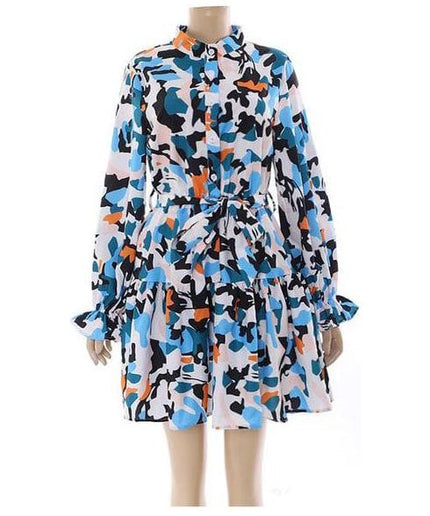 Print Lantern Sleeve Fold Pleat Curved Hem Dress.