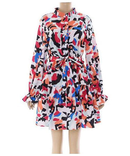 Print Lantern Sleeve Fold Pleat Curved Hem Dress.