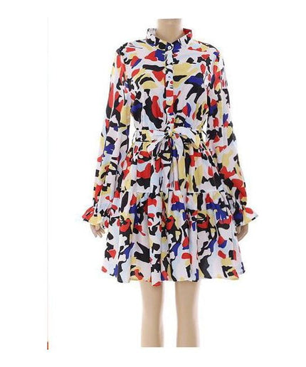 Print Lantern Sleeve Fold Pleat Curved Hem Dress.