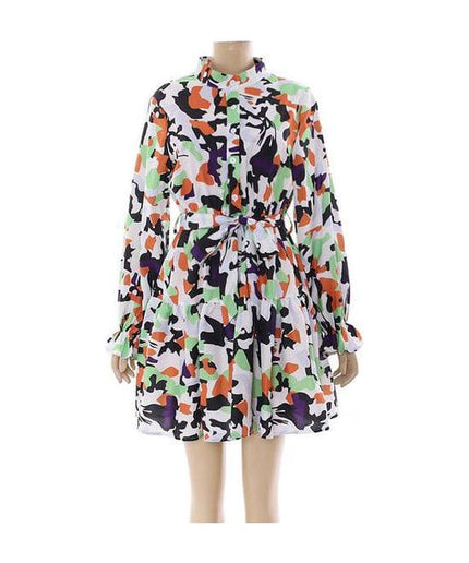 Print Lantern Sleeve Fold Pleat Curved Hem Dress.