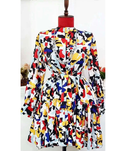 Print Lantern Sleeve Fold Pleat Curved Hem Dress.