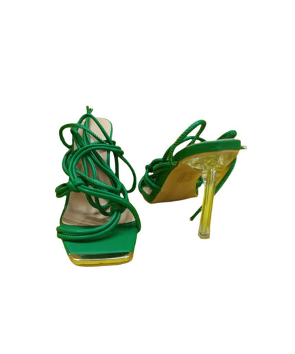 Square Toe Loop Cross Over Strappy High Heeled Mules.