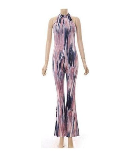 Tropical Print Round Neck Flared Leg Jumpsuit.