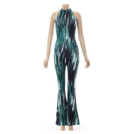 Tropical Print Round Neck Flared Leg Jumpsuit.