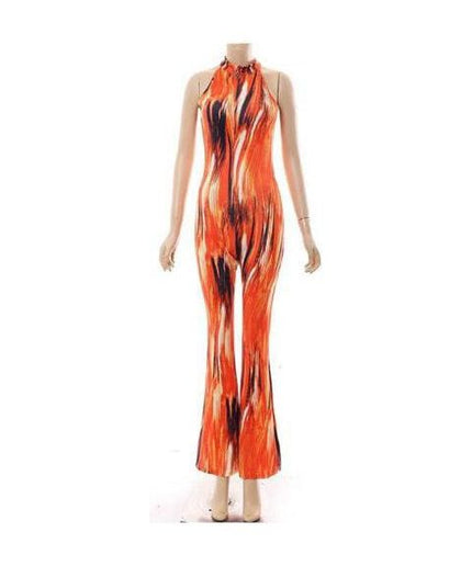 Tropical Print Round Neck Flared Leg Jumpsuit.