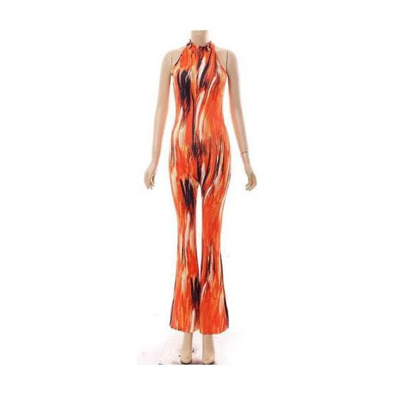 Tropical Print Round Neck Flared Leg Jumpsuit.