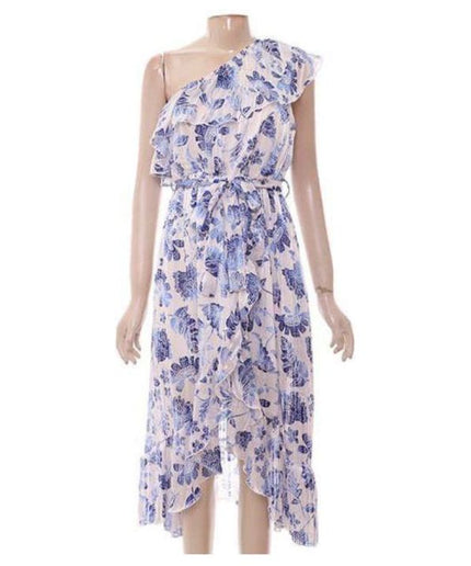 One shoulder floral all-over print summer dress.