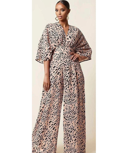 Leopard Print wide-leg V-neck jumpsuit pants.