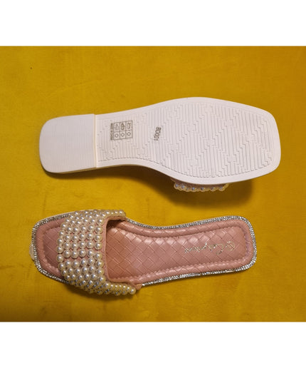 Flat Casual Rhinestone Faux Pearls Slippers.