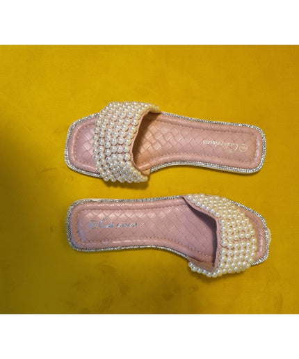 Flat Casual Rhinestone Faux Pearls Slippers.