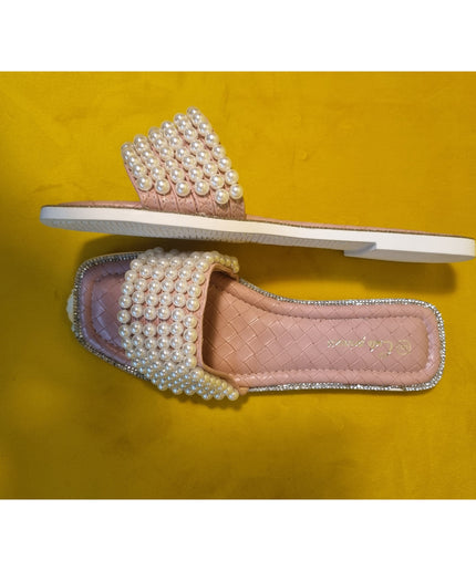 Flat Casual Rhinestone Faux Pearls Slippers.