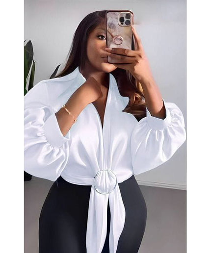 Surplice Neck Long Sleeve Crop Blouse.