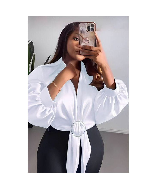 Surplice Neck Long Sleeve Crop Blouse.