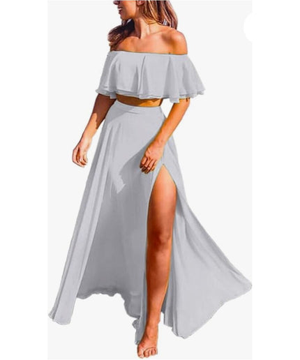 Sexy Ruffle Crop Top &amp; Formal High Split Skirt 2 Piece set.