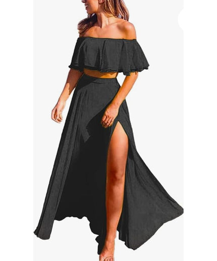 Sexy Ruffle Crop Top &amp; Formal High Split Skirt 2 Piece set.