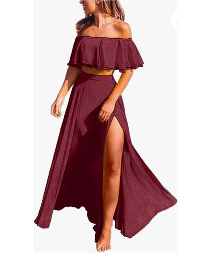 Sexy Ruffle Crop Top &amp; Formal High Split Skirt 2 Piece set.