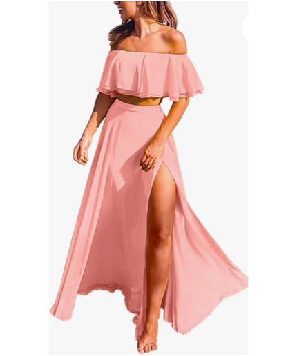 Sexy Ruffle Crop Top &amp; Formal High Split Skirt 2 Piece set.