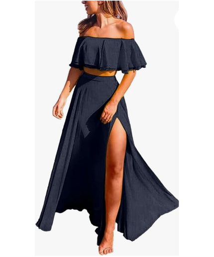 Sexy Ruffle Crop Top &amp; Formal High Split Skirt 2 Piece set.