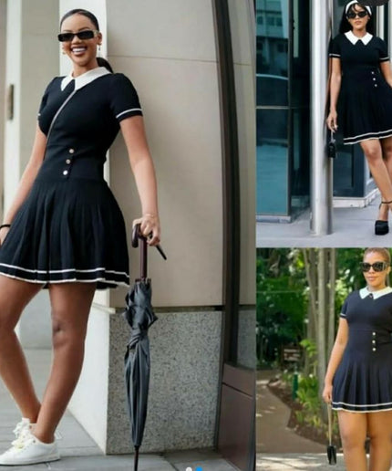 Collared Contrasting Pleated Knitted Mini Dress.