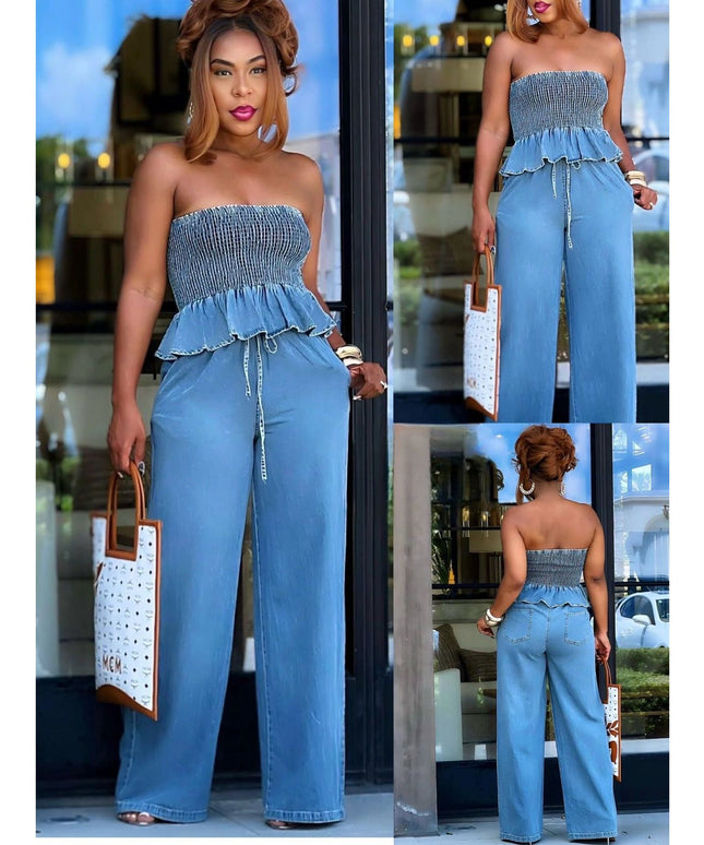 Denim Tube Tops Wide Leg Strapless Pant Sets.