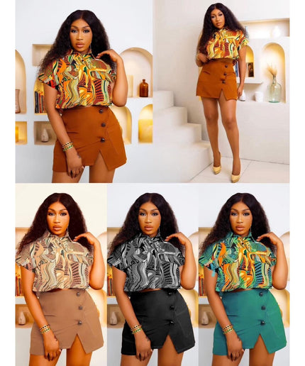 Printed Short Sleeve Shirt and Bodycon Mini Skirts Set.