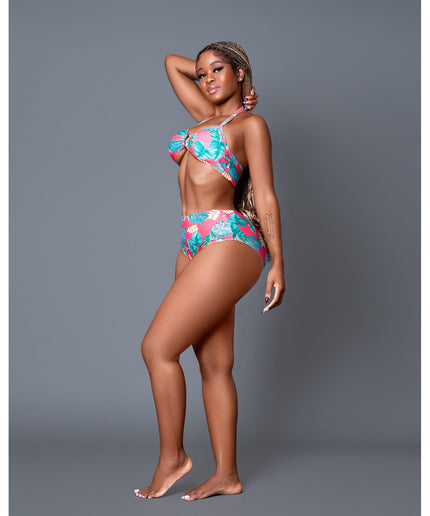 Floral Halter With Ring Bikini Swimsuit Set.