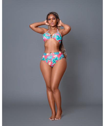 High Waist Contrast Color Floral Polyester Swimsuits Set.