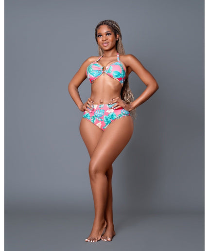 High Waist Contrast Color Floral Polyester Swimsuits Set.