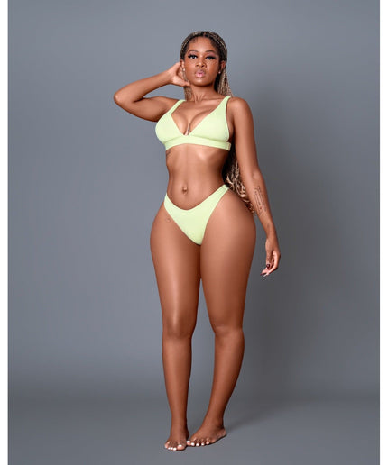 Solid Color Deep V Crop Top Bikini Swimsuit Set.